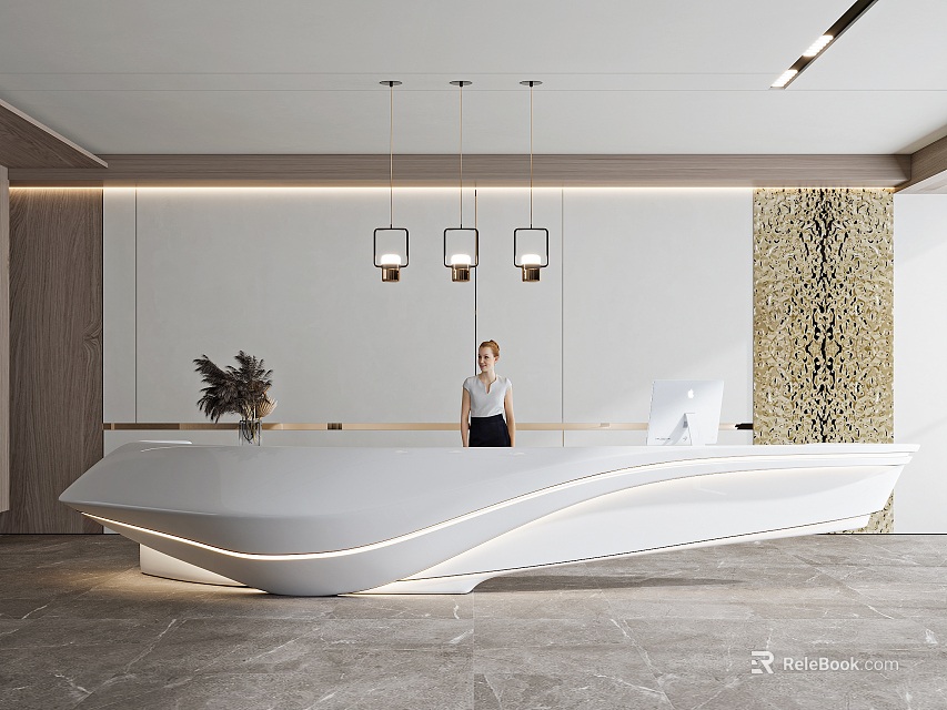 Modern Front Desk with White Curved Counter Hanging Lights Potted Plant and Decorative Wall 3d model 