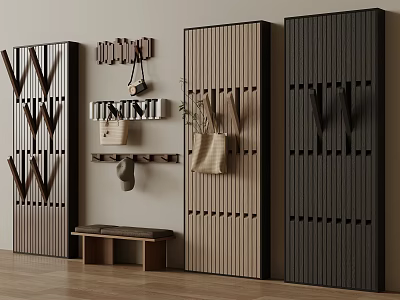 Wooden Wall Hook Panels With Various Designs Hanging Bags Hats And Bench 3d model