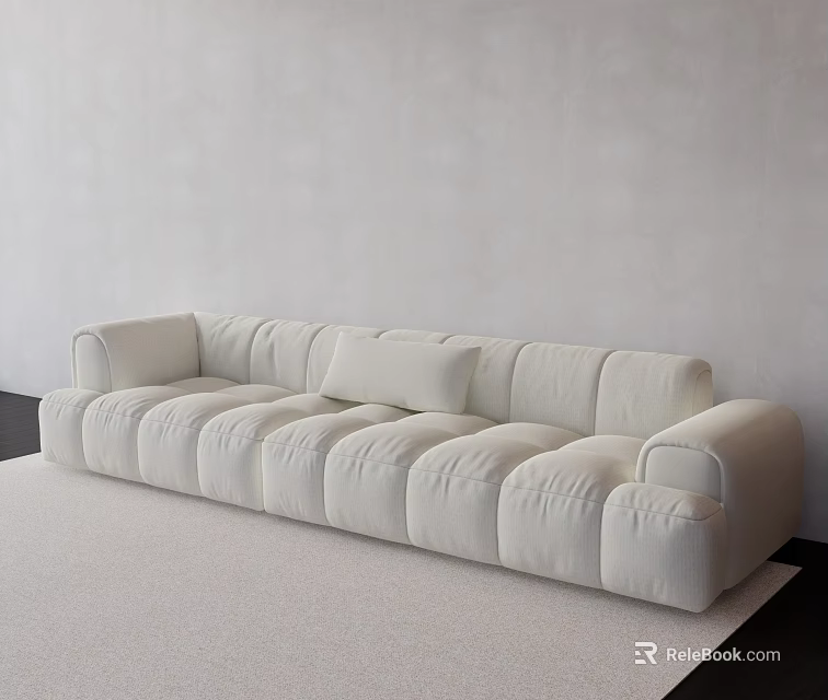 Cream Colored Large Sofa With Plush Cushions In Minimalist Living Room Interior 3d model 