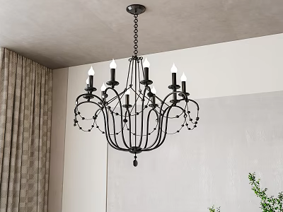 Elegant Black Metal Chandelier with Candle Style Lights Decorative Beads Hanging from Room Ceiling 3d model