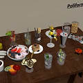 Assorted Food And Drinks Display With Fresh Fruits Desserts And Cocktails On Dark Wooden Table