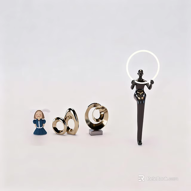 Decorative Ornament Set with Blue Angel Golden Ring Spiral Ornaments and Black Halo Holding Figure 3d model 