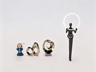 Decorative Ornament Set with Blue Angel Golden Ring Spiral Ornaments and Black Halo Holding Figure 3d model