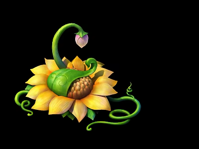 Colorful Artwork Of Yellow Flower With Green Creature Purple Bud And Curly Vines 3d model