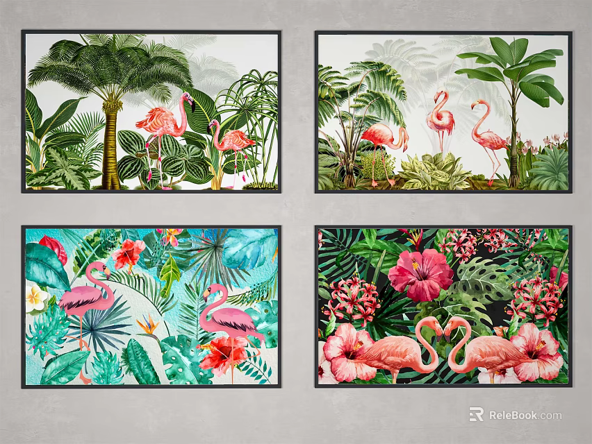 Vibrant Animal Paintings Featuring Flamingos Tropical Plants Palm Trees and Flowers 3d model 
