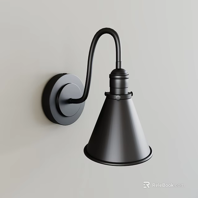 Unique Shaped Black Wall Light With Curved Arm And Conical Shade Design 3d model 