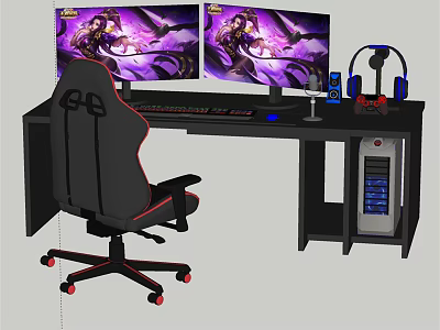 Gaming Desk Setup With Dual Monitors Gaming Chair Headphones And PC Case 3d model
