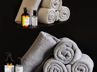 Soft Gray Rolled Towels With Natural Bath Products On Black Surface 3d model