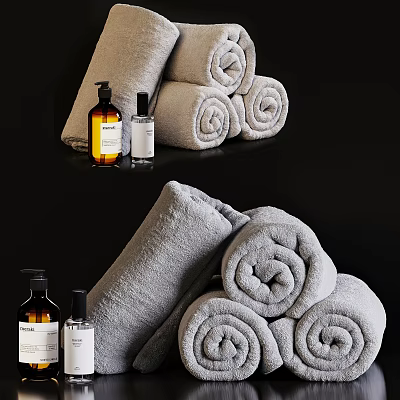 Soft Gray Rolled Towels With Natural Bath Products On Black Surface 3d model