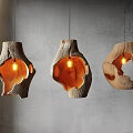 Unique Irregular Shaped Wooden Pendant Lights with Natural Texture Illuminated in Modern Space