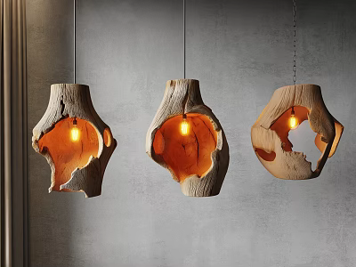 Unique Irregular Shaped Wooden Pendant Lights with Natural Texture Illuminated in Modern Space 3d model