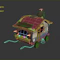Colorful Cartoon Style Mobile Cart With Red Roof Windows Green Plants And Wheels