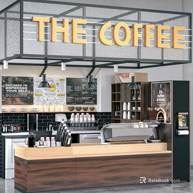 Wooden Top Coffee Shop Bar Counter With Coffee Machine Menu Board And Cups 3d model 