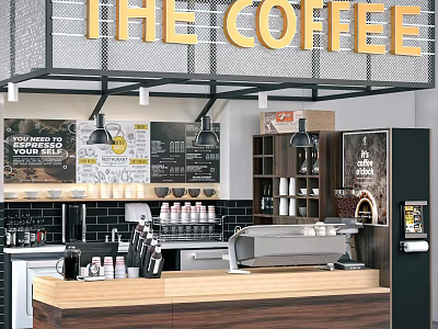 Wooden Top Coffee Shop Bar Counter With Coffee Machine Menu Board And Cups 3d model