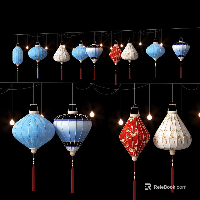 Colorful Hanging Lanterns with Blue Red White Designs and Traditional Patterns 3d model
