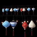 Colorful Hanging Lanterns with Blue Red White Designs and Traditional Patterns 3d model