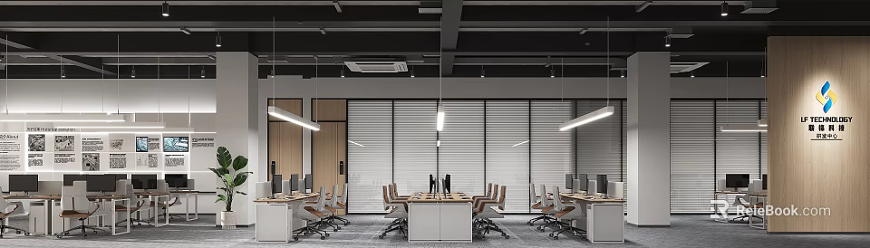 Open Public Office Space With Office Desks Ergonomic Chairs Hanging Lights Blinds And Computers 3d model 