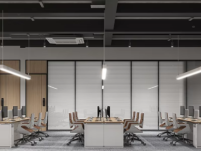 Open Public Office Space With Office Desks Ergonomic Chairs Hanging Lights Blinds And Computers 3d model