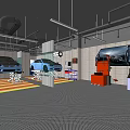 4S Dealership Interior With Parked Red Sports Cars Service Area And Maintenance Equipment