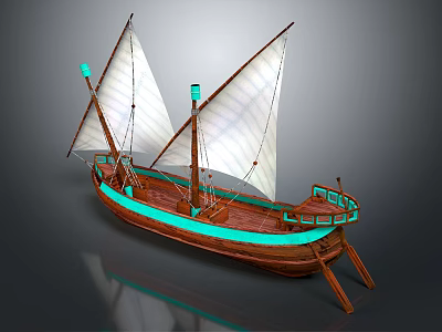 Classic Wooden Sailing Boat with White Sails and Turquoise Accents 3d model