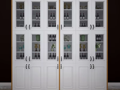 Elegant White Glass Door Wine Cabinet Displaying Wine Bottles And Decorative Items 3d model