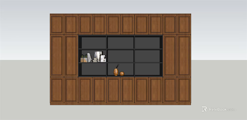 Modern Wooden Decorative Cabinet With Multiple Doors Open Shelves Holding Books And Decorative Items 3d model 