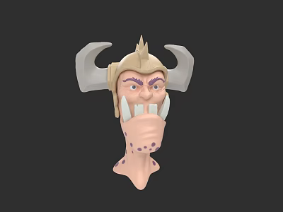 3D Fantasy Creature Character Head With Horns Fangs And Purple Spots 3d model