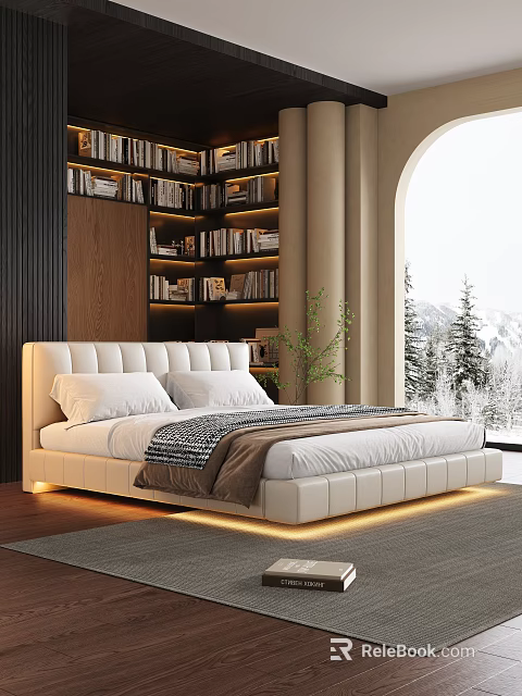 Double Bed With White Leather Headboard Underbed Lighting Bookshelf By Arched Window Snowy Mountains View 3d model 