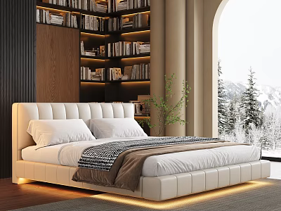 Double Bed With White Leather Headboard Underbed Lighting Bookshelf By Arched Window Snowy Mountains View 3d model
