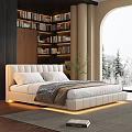 Double Bed With White Leather Headboard Underbed Lighting Bookshelf By Arched Window Snowy Mountains View