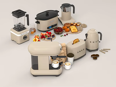 Modern Beige Kitchen Appliances With Blender Coffee Maker Toaster And Fresh Fruits 3d model