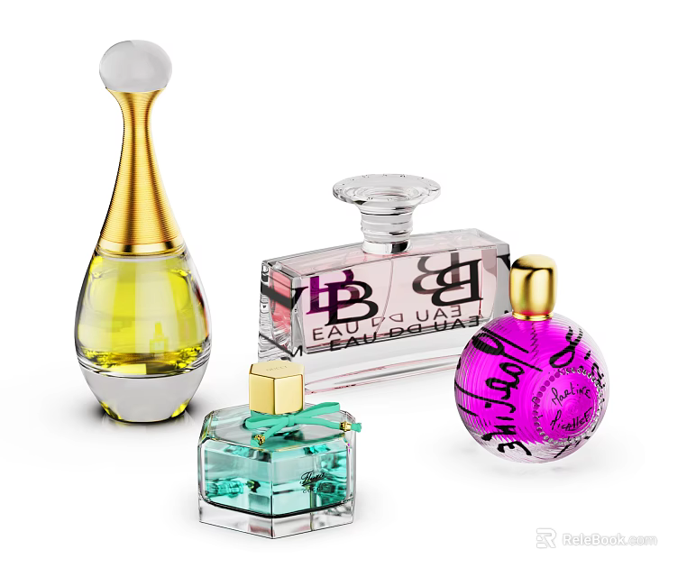 Perfume Cosmetics Collection With Elegant Glass Bottles Gold Accents And Colorful Liquids 3d model 