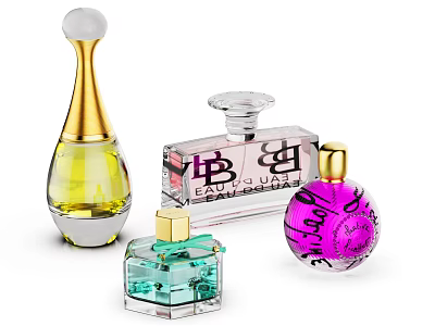 Perfume Cosmetics Collection With Elegant Glass Bottles Gold Accents And Colorful Liquids 3d model