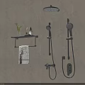 Black Modern Shower System with Shelf Towel Rack and Handheld Sprayer in Bathroom Interior