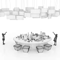 Kids Reaching Up To Hanging Square Light Fixtures Above Round Table With Items