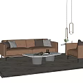 Modern Brown Leather Sofa And White Marble Coffee Table Set With Cushions And Gray Rug