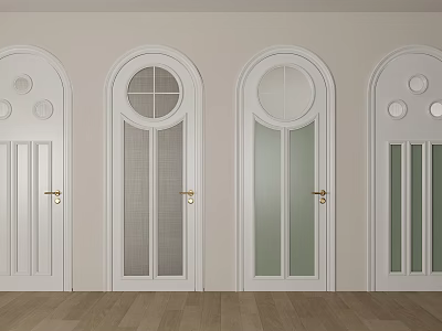 White Hinged Doors With Various Glass Designs Round Windows And Gold Handles For Interior 3d model