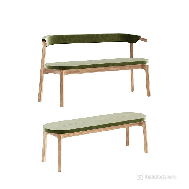 Elegant Modern Leisure Bench With Green Velvet Cushion And Wooden Legs For Home Decor 3d model 