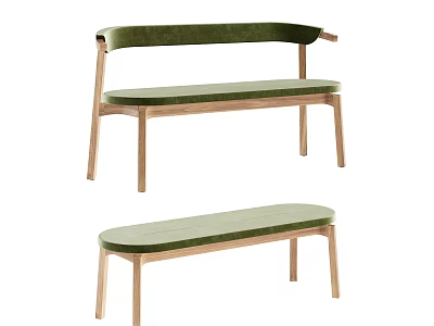 Elegant Modern Leisure Bench With Green Velvet Cushion And Wooden Legs For Home Decor 3d model