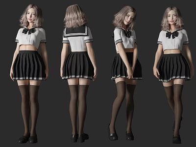 Woman Wearing Black White Cropped Top Bow Tie Pleated Skirt Knee High Socks Multiple Poses 3d model