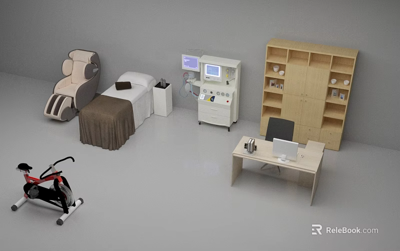 Office Desk With Computer Monitor Black Chair and Wooden Cabinet Shelves 3d model 