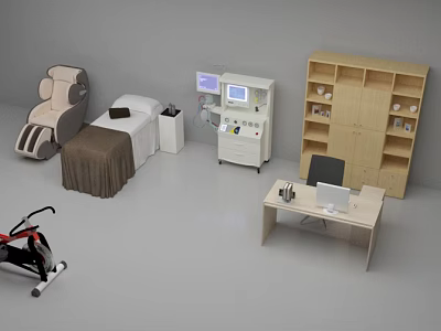 Office Desk With Computer Monitor Black Chair and Wooden Cabinet Shelves 3d model