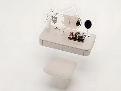 Modern Light Beige Dressing Table With LED Mirror Vase Drawers And Stool 3d model