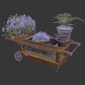 Wooden Garden Cart Loaded with Mixed Flowers Potted Plants and Green Foliage