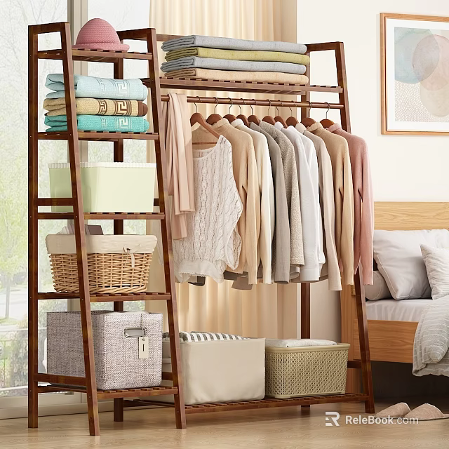 Colorful Clothes On Wooden Rack With Folded Garments And Storage Baskets In Bedroom Area 3d model 