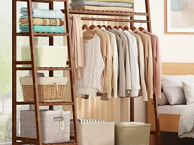 Colorful Clothes On Wooden Rack With Folded Garments And Storage Baskets In Bedroom Area 3d model