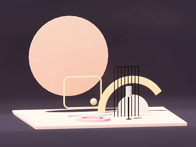 Modern Geometric Decorative Ornaments With Pink Circle Yellow Arc Black Vertical Bars And White Base 3d model