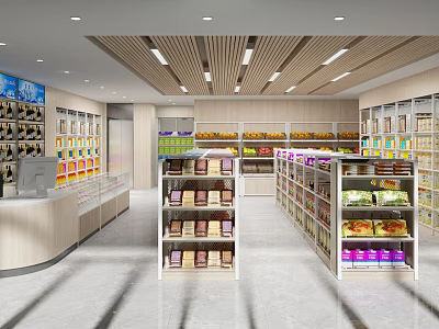 Modern Supermarket Interior With Organized Shelves And Various Grocery Products 3d model