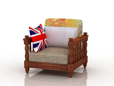 Vintage Wooden Armchair With Union Jack And Grey Cushions And Colorful Patterned Backrest 3d model