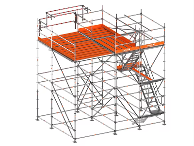 Scaffolding Structure With Metal Frames Orange Platform Safety Rails And Staircase 3d model